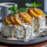 Vibrant mango slices crown sweet coconut sticky rice in charming dessert cups.