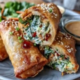 Crunchy golden spring rolls filled with cabbage, carrots, and noodles, paired with rich peanut sauce.  