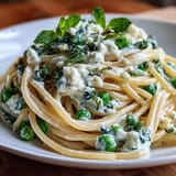 Creamy lemon ricotta pasta dish with vibrant green peas and fresh mint.