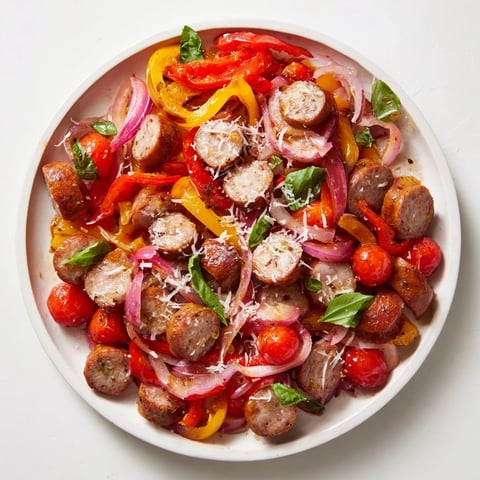Sizzling Basil-Boosted Sausage and Pepper Skillet Supper, with colorful peppers and browned sausage ready to serve.