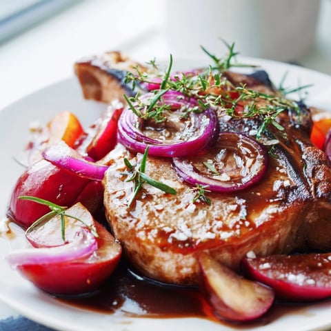 Juicy Plum-Soft Pork Chops glistening with balsamic glaze, ready for a comforting dinner.