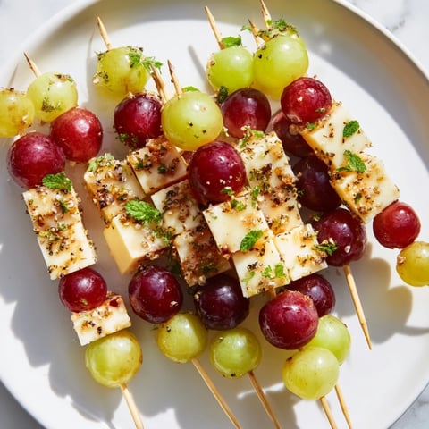 Fresh Sparkling Grape and Cheese Skewers arranged on a platter ready to be served, a simple yet elegant appetizer.