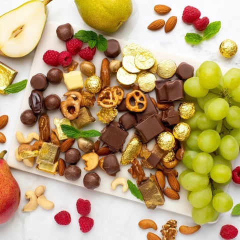 A festive New Year's Gold Foil Wrapped Chocolate Board, overflowing with glistening chocolates and fresh fruit.