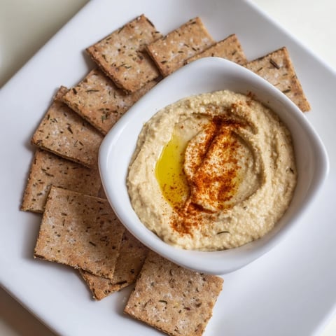 Golden-brown Holiday Crackers, sprinkled with flaky salt, ready to pair with creamy hummus.