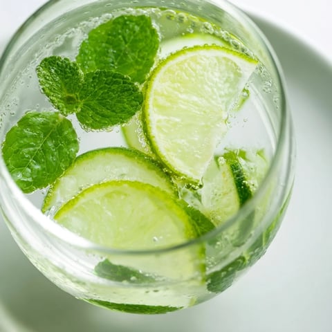 Refreshing Mint Lime Agua Fresca, garnished with lime, offers a burst of citrus and mint flavors.