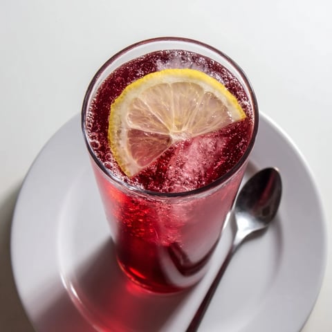 Sleepy Girl Mocktail in a glass, a vibrant ruby color, garnished with a refreshing lemon wheel.