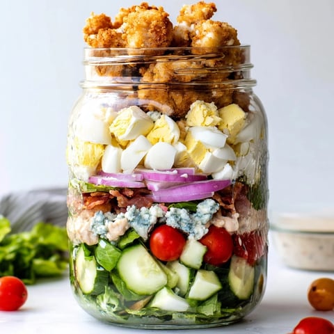 Crispy Chicken Cobb Jar Salad layers golden baked chicken, hard-boiled egg, bacon, and blue cheese with fresh romaine in a portable mason jar.