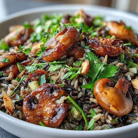 Wild rice and mushroom pilaf glistening with fresh herbs, ready for serving.