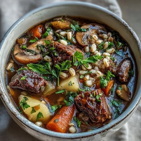 Steaming bowl of Vegetable Beef, Barley, and Mushroom Soup garnished with fresh parsley.