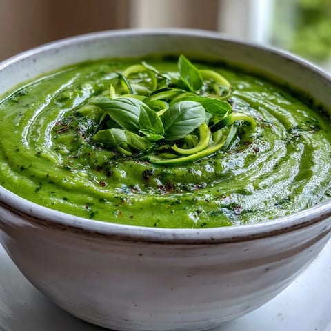 Bright green Courgette, Pea and Pesto Soup in a rustic bowl, topped with fresh basil.