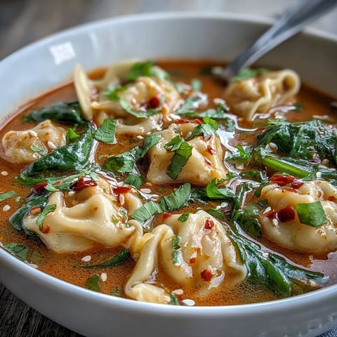 Fragrant Red Curry Wonton Soup With Greens served steaming hot, filled with plump wontons, leafy spinach, and vibrant snow peas.