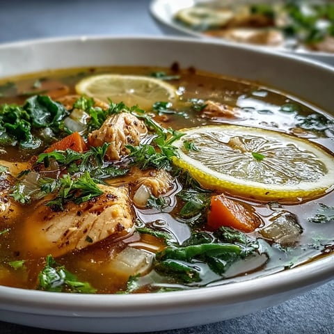 Bright yellow turmeric chicken soup with tender chicken pieces and wilted baby kale in a rustic bowl.