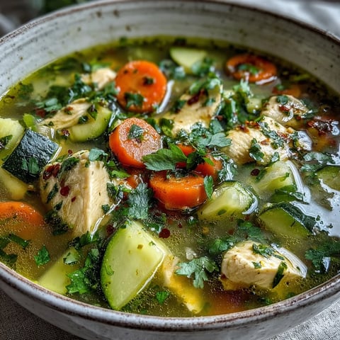 Bright yellow turmeric chicken soup with tender diced chicken, carrots, celery, and fresh cilantro garnish in a rustic bowl.