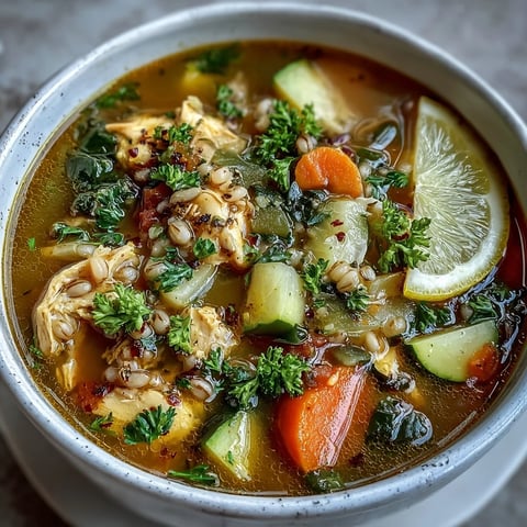Golden turmeric chicken with pearl barley soup steaming in a rustic bowl, garnished with parsley and lemon wedges. 