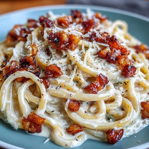 Freshly spiralised celeriac noodles are coated in a creamy egg-Parmesan sauce with crispy pancetta, garnished with black pepper.