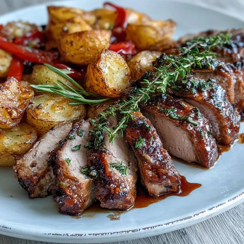 Golden slices of marinated Ibérico pork fillet are plated with crispy roasted potatoes and sweet red peppers, ready to serve.
