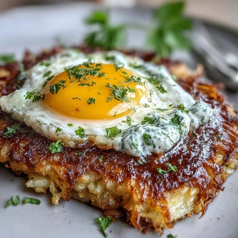 Golden-brown celeriac rösti crowned with a fried egg and dollop of spicy harissa yogurt on a plate.