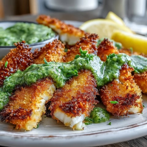 Golden-brown Haddock Goujons With Parmesan Crust arranged on a plate next to a bowl of bright green pea pesto and lemon wedges.