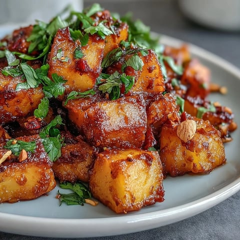 Golden roasted celeriac cubes glisten in a creamy, aromatic curry sauce, garnished with fresh cilantro and lime wedges.