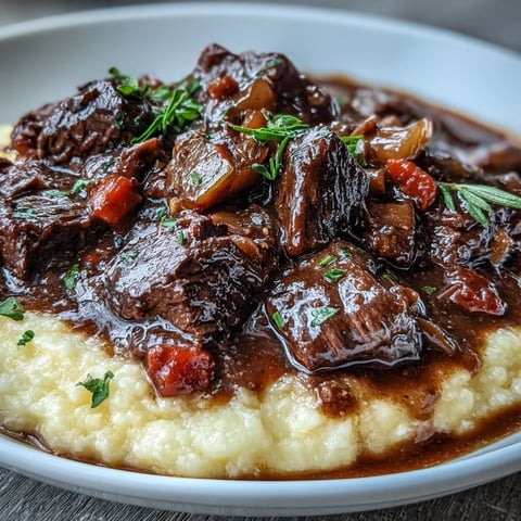 Creamy polenta topped with tender venison stew flavored with aromatic sloe gin and herbs.