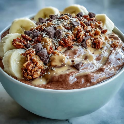 Two vibrant bowls of creamy Chunky Monkey Smoothie Bowls topped with banana slices, maple cinnamon granola, cacao nibs, hemp seeds, and mini chocolate chips.