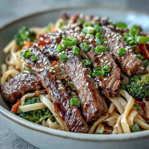 Sizzling flank steak and crisp broccoli in a glossy sauce with rice noodles, a close-up of the Korean Beef Noodles ready to eat.