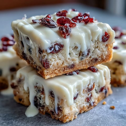 Golden-baked Cranberry Bliss Bars are cooling on a wire rack, studded with dried cranberries and white chocolate chips.