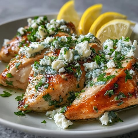 Bright, juicy Greek Chicken with Lemon and Feta garnished with fresh parsley, served with lemon wedges.