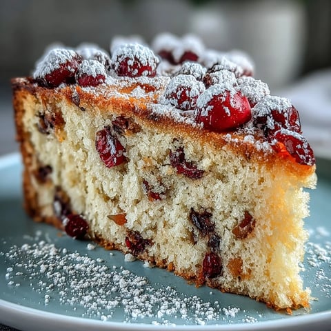 Freshly baked Cranberry Orange Breakfast Cake dusted with powdered sugar, with bright orange zest and tart cranberries peeking through the tender crumb.