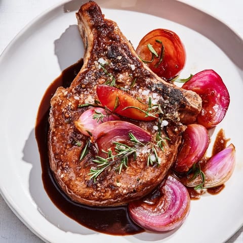 Sizzling Plum-Soft Pork Chops nestled among caramelized plums offer a delightful flavor combination.