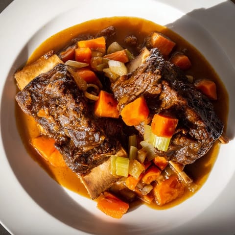 A Dutch oven overflows with One-Pot Amber-Glowed Beer-Braised Short Ribs, exuding savory aromas right from the oven.