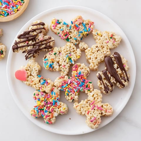 Warm, golden Rice Krispies Treats cut into playful shapes, perfect for a cheerful snack.
