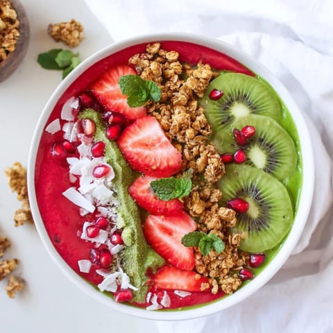 Brightly colored Festive red and green smoothie bowls, bursting with fresh berries, kiwi, and crunchy granola on top.