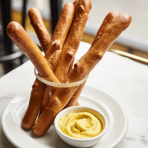 Crispy, salty pretzel rods await dipping into creamy hot mustard dip, ready to enjoy.
