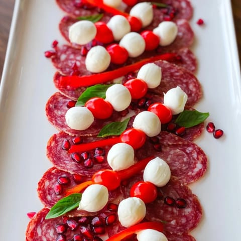 The festive Candy Cane Zigzag arrangement showcases salami, cheese, and tomatoes in a bright holiday appetizer.