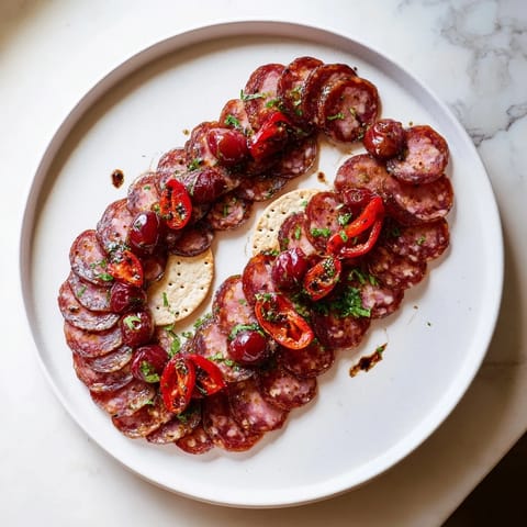 Beautifully arranged Crimson Tide: Spicy chorizo and sweet cherry appetizer ready to serve immediately.