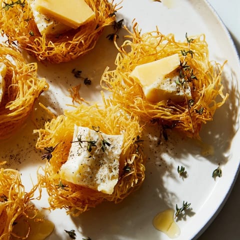 Appetizing close-up of The Rustic Barnyard: golden phyllo “hay” and rustic cheese.