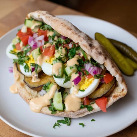 A colorful Israeli Sabich brimming with fresh Israeli salad, tender eggs, and flavorful pita bread.