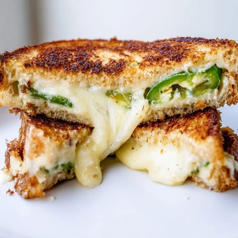 Two servings of Jalapeño Havarti Grilled Cheese are stacked on a white plate, ready to be paired with a steaming bowl of tomato soup.