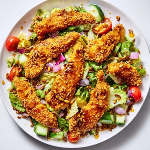 Fresh lettuce leaves support spicy fried chicken, drizzled with warm honey and topped with crunchy roasted seeds for a satisfying bite.