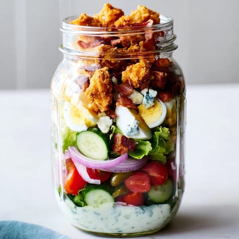 This Crispy Chicken Cobb Jar Salad shows vibrant cherry tomatoes, cucumber, and avocado atop crisp lettuce, ready to shake and enjoy for a quick lunch.