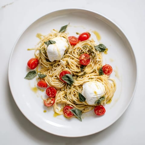 A plate of Burrata Caprese Pasta tossed in a silky tomato sauce, ready for dinner.