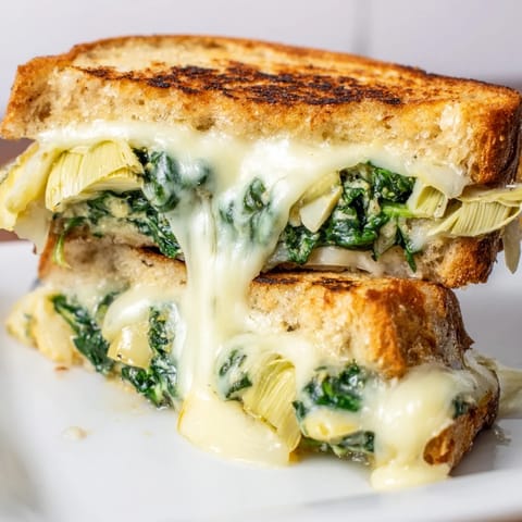 A close-up of a sliced artichoke spinach grilled cheese reveals creamy dip-inspired layers, perfect with a bowl of tomato soup.  