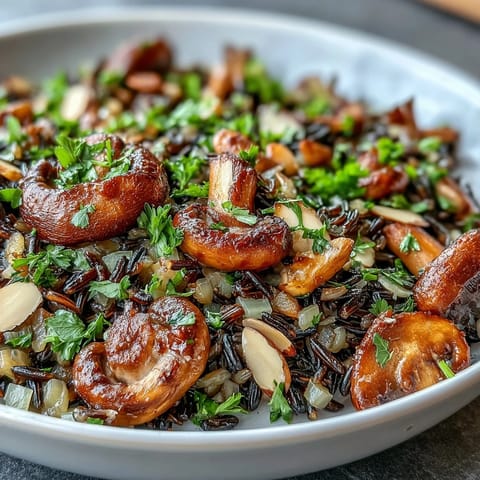 Hearty wild rice and mushroom pilaf, a beautiful vegetarian side dish.