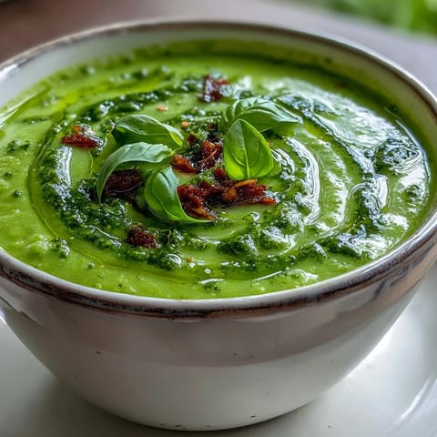 Creamy blended Courgette, Pea and Pesto Soup served hot with crusty bread on the side.