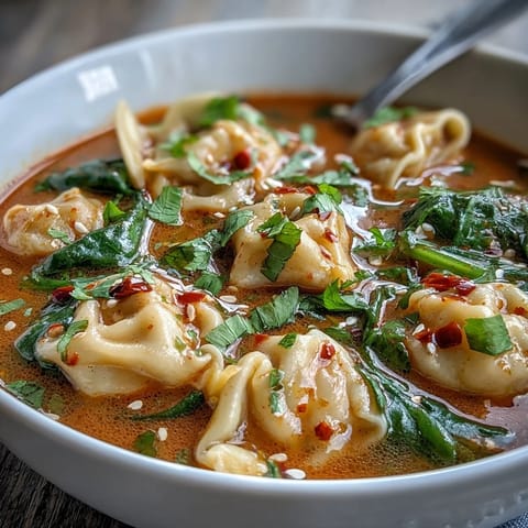 Fragrant Red Curry Wonton Soup With Greens served steaming hot, filled with plump wontons, leafy spinach, and vibrant snow peas.