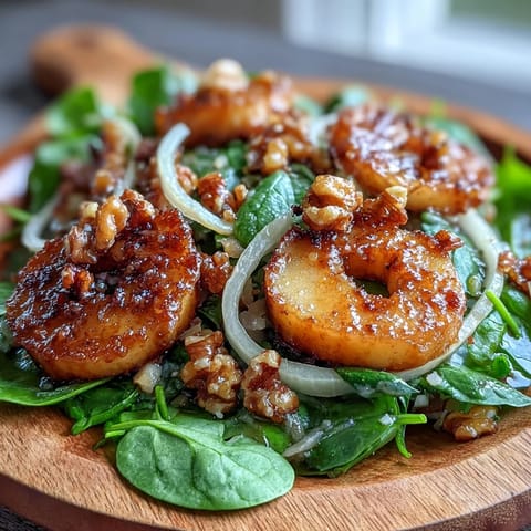 The Warm Apple and Sauerkraut Skillet Salad features golden caramelized apples and sauerkraut topped with crunchy walnuts. 