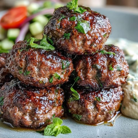 Savory venison meatballs seasoned with cumin and paprika, served over hummus with a fresh mint and cucumber salad.