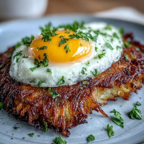 Crispy celeriac and potato rösti topped with harissa yogurt and a runny egg yolk for brunch.