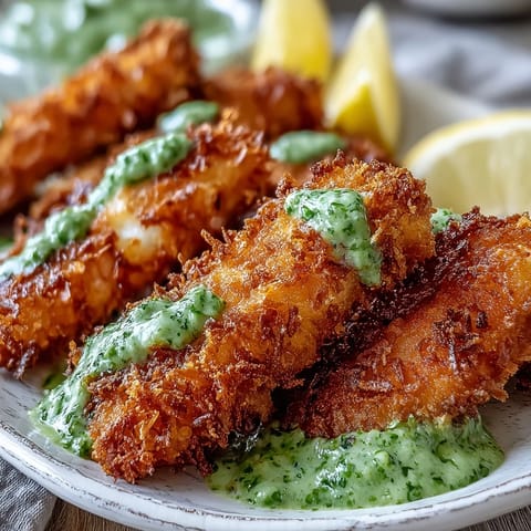 A close-up of crispy Haddock Goujons With Parmesan Crust being dipped into creamy pea pesto, served over fresh mixed greens.